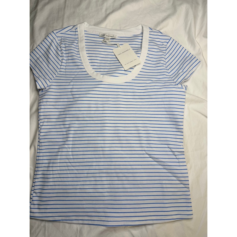 Free Assembly Womens Blue White Striped Scoop Neck Ribbed T-Shirt Size M 8-10